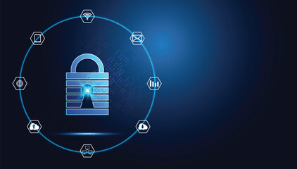 Poster - Abstract technology cyber security privacy icon information network concept padlock protection digital network internet link on hi tech blue future background