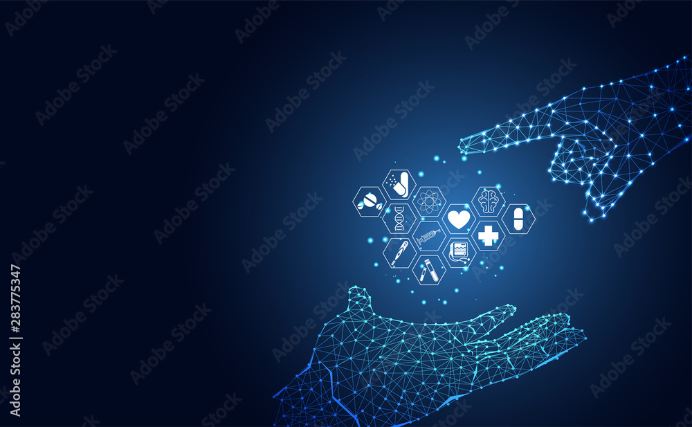 abstract low poly futuristic wireframe concept hand digital and health icon on blue background for template, web design or presentation.Vector Illustration. - obrazy, fototapety, plakaty 