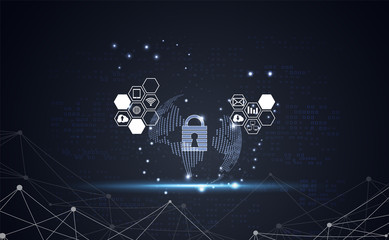 Poster - Abstract technology world cyber security privacy icon information network concept padlock protection digital network internet link on hi tech blue future background