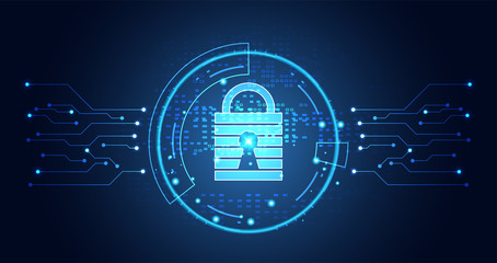 Poster - Abstract technology cyber security privacy information network concept padlock protection digital network internet link on hi tech blue future background