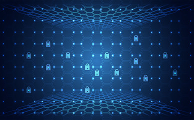 Wall Mural - Abstract technology cyber security privacy information network concept padlock protection digital network internet link on hi tech blue future background