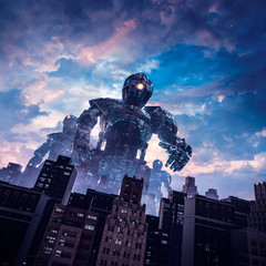 Wall Mural - dawn of the giants / 3d illustration of retro science fiction scene with huge alien robots attacking