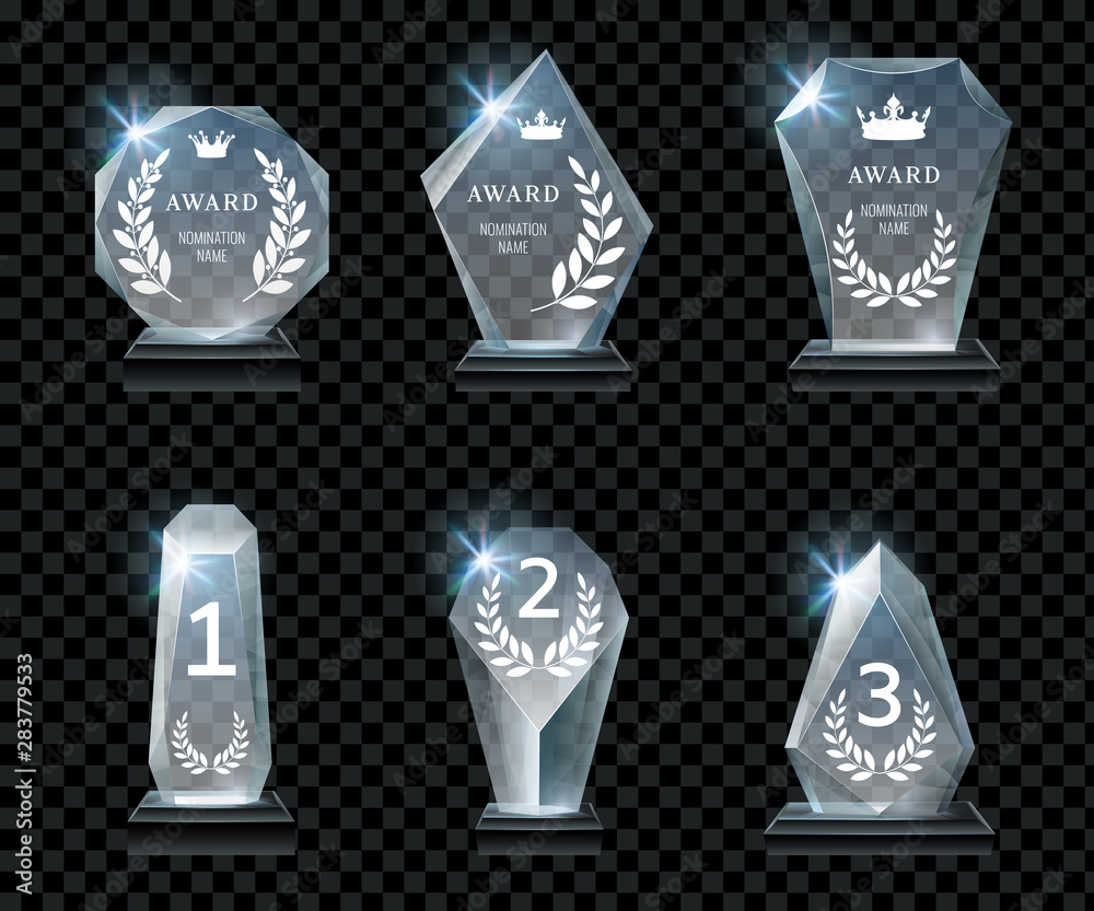 Winner glass trophy. First place award, crystal prize and signed acrylic trophies. Glass awarding trophy, championship win glossy cup. Realistic isolated vector signs set - obrazy, fototapety, plakaty 