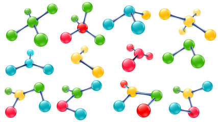 Poster - Science lab molecules. Vitamin molecule, chemical molecular structure and color molecules models. School biology laboratory or scientific medicine dna molecule 3d vector isolated symbols set