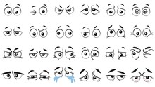 Funny Cartoon Eyes. Human Eye, Angry And Happy Facial Eyes Expressions. Comic Facial Character Caricature, Human Eye Emotions Doodle. Isolated Vector Illustration Icons Set