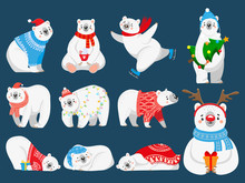 Christmas Polar Bears. Arctic Bear With New Year Gifts, Happy Snow Animal In Merry Christmas Sweater. 2020 Bears Mascot Character, Xmas Cartoon Vector Illustration Set