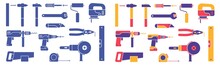 Hand-held Working Tools - Set Of Icons. Colorful And Monochrome Silhouettes. Vector Illustration.