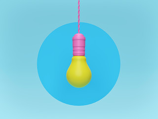 Poster - light bulb on a blue colored circle background. vibrant minimal style. idea concept. 3d rendering