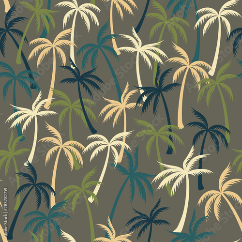 Coconut palm tree pattern textile seamless tropical forest background. Flat v...