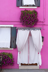 Beautiful window with shutters and flowers on the one windowsill in one of the houses on the island of Burano. Venice, Italy