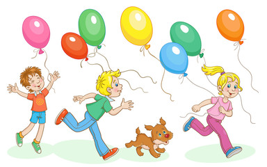 Poster - Children and little dog run for colorful balloons. In cartoon style. Isolated on white background.