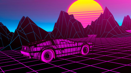 Wall Mural - 80s Retro Sci-Fi Background with car futuristic synth retro wave 3d illustration