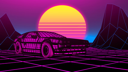 Wall Mural - Cyberpunk car in 80s style moves on a virtual neon landscape. 3d illustration