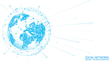 Poster - Vector white background. Light blue map of planet Earth with social icons. Global Internet. Technology and telecommunications. Countries and continents. Mobile communication and social networks.