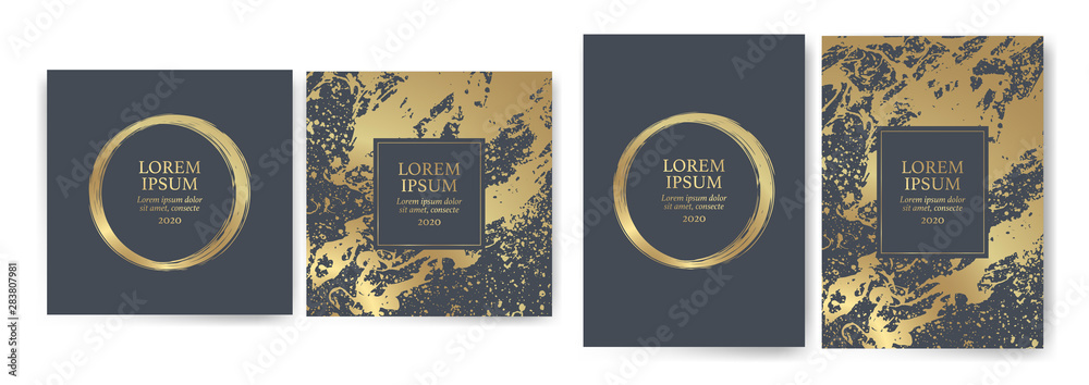 Set of design templates with golden texture, marble effect. Luxury and elegance Suitable for wedding invitations, VIP events, covers, promotions. - obrazy, fototapety, plakaty 