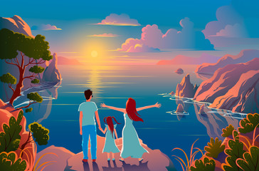 Family stand on the edge of a cliff with a beautiful view of nature and admire the sunset and the scenery