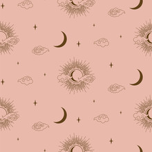 Sun, Clouds And Moon Decorative Boho Style Element Design Vector. Seamless Pattern Wallpaper.