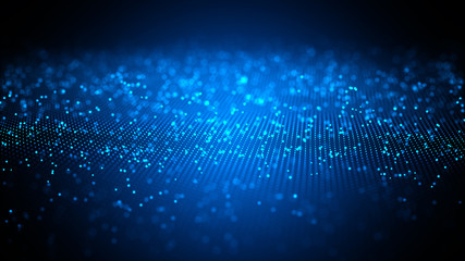 Digital technology background. Network with glowing light blue dots structure. Big data cloud, 3d illustration. Blockchain network concept. Futuristic data flow.