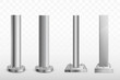 Different shape and form metallic pillars or columns screwed with bolts and screw-nut to massive round and square base 3d realistic vector set. Architectural, industrial construction support element
