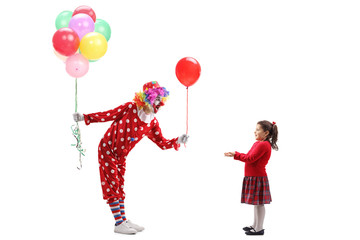 Sticker - Clown giving a balloon to a little girl and holding a bunch of balloons