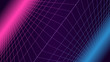 © Horsepowermini - Synthwave background. 80s sci-fi retro style. Dark futuristic backdrop with perspective grid making two inclined horizon lines. Purple and blue neon glowing in the distance. Geometric template