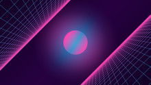 Synthwave Background. 80s Retro Style. Dark Futuristic Backdrop With Two Inclined Perspective Grids. Sci-fi Strange Glowing Sun In The Middle. Geometric Template