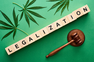 Wall Mural - top view of green cannabis leaves and legalization word on wooden blocks near gavel on green background