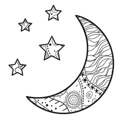 Wall Mural - Crescent moon and stars with abstract patterns on isolation background. Design for spiritual relaxation for adults. Line art creation. Black and white illustration for anti stress colouring page