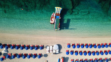 Aerial Drone Photo Of Natural Beauty Bay And Sandy Beach Of Valtos With Watersports Facilities And Emerald Sea. Parga, Epirus