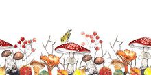 Watercolor Autumn Seamless Borders With Bright Leaves, Mushrooms, Berries, Birds On White And Black Background