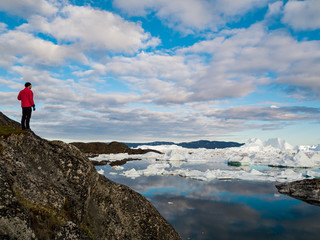 Wall Mural - Global warming - Greenland Iceberg landscape of Ilulissat icefjord with giant icebergs. Icebergs from melting glacier. Arctic nature heavily affected by climate change. Person tourist looking at view