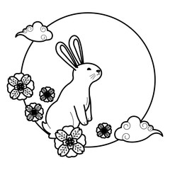 Wall Mural - Rabbit with flowers and clouds in black and white