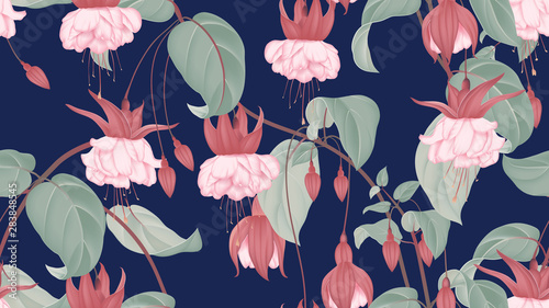 Botanical seamless pattern, Fuchsia icy pink flowers with leaves on dark blue...