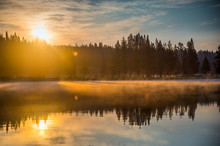 Sunbeams Through Low Fog Over Yellowstone River At Sunrise - 2