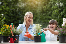 Mother And Daughter Planting Flowers In Garden