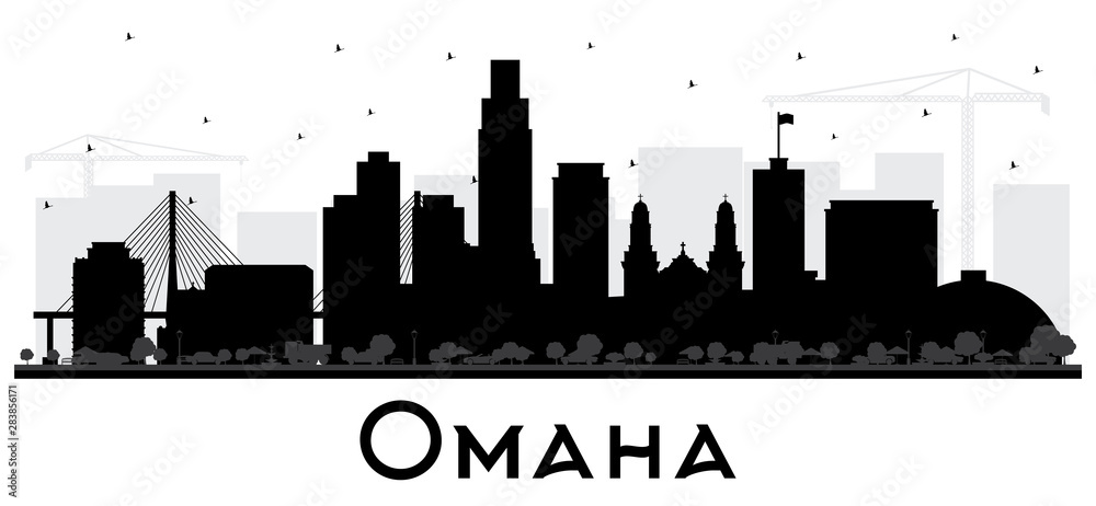 Omaha Nebraska City Skyline Silhouette with Black Buildings Isolated on White. - obrazy, fototapety, plakaty 