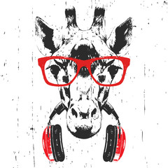 Portrait of Giraffe with glasses and headphones. Hand-drawn illustration. T-shirt design. Vector