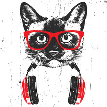 Portrait Of  Siamese Cat With Glasses And Headphones. Hand-drawn Illustration. T-shirt Design. Vector