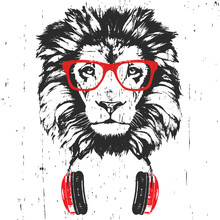 Portrait Of Lion With Glasses And Headphones. Hand-drawn Illustration. Vector