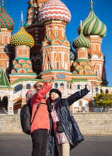 Happy Couple Of Tourists Taking Selfie In Moscow,Russia,Red Square,view Of St. Basil's Cathedral