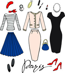 Wall Mural - Vector set in french style. Female clothes: red beret, striped blouse, pink chanel suit, small black dress. Lettering Paris. Cosmetics: red lipstic, perfume , powder, mascara.