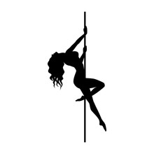 Vector Silhouette Of Girl And Pole On A White Background. Pole Dance Illustration For Fitness, Striptease Dancers, Exotic Dance. Vector Illustration EPS10 For Logotype, Badge, Icon, Logo, Banner, Tag.