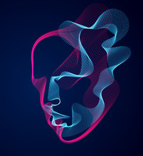 Beautiful Vector Human Face Portrait, Artistic Illustration Of Man Head Made Of Dotted Particles Array, Artificial Intelligence, Pc Programming Software Interface, Digital Soul.