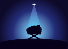 Christmas Scene Of Baby Jesus In The Manger In Silhouette, Surrounded By Light Of Star. Christian Nativity Greeting Card With Illustration Birth Of Christ, Vector Banner