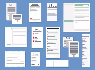 vector realistic receipts, bills, commercial checks. paying bills. payment of utility, bank, restaur