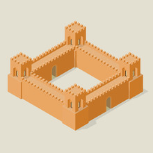 Isometric Fortress With Towers And Walls. Fortifications In The Antique Style.