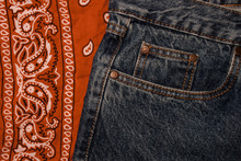 Classic Jeans With Five Pockets. Paisley Patterned Bandana, Classic Red And White Neckerchief, Biker Head Scarf. Rough Denim. Fashionable Casual Style, Hippie, Western, Boho. Festival Clothing
