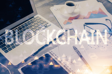 Aufkleber - Double exposure of blockchain and crypto economy theme hologram and table with computer background. Concept of bitcoin cryptocurrency.