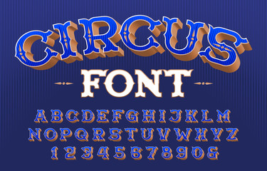 Wall Mural - Circus alphabet font. 3D retro letters and numbers. Vector typeface for your typography design.
