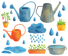 Watercolor Garden Tools Set. Hand Drawn Seasonal Spring Summer Autumn Illustration On White Background. Colorful And Metal Watering Cans, Pots With Seedling Plants, Cloud With Drops Of Rain Water.